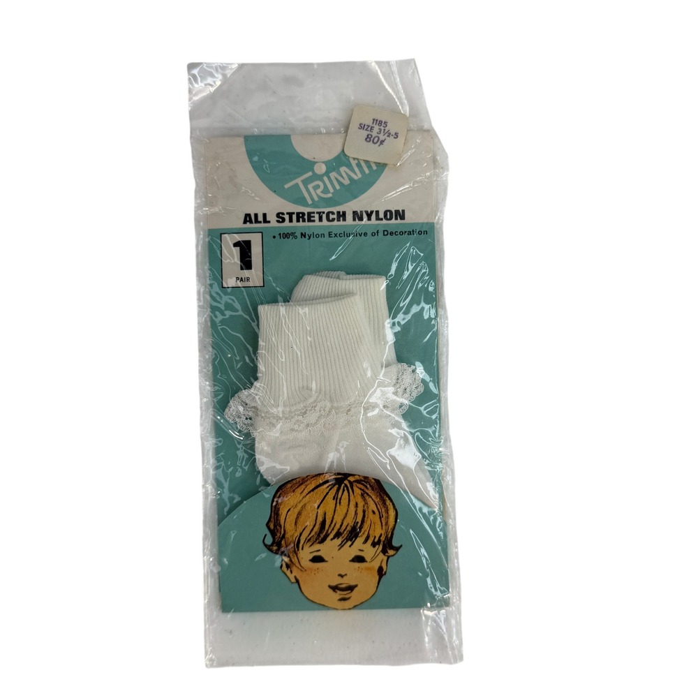Vintage 60's Trimfit Socks Size 3.5-5 White Lace Ruffle All Stretch Nylon USA